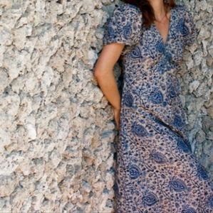 Matta Dress Blue Bell Alice Kalamkari Cotton Midi Dress Size Large